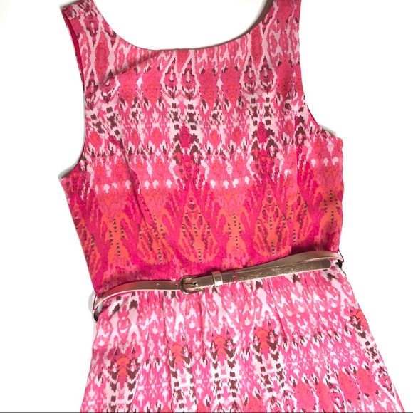 Boho Pink Ikat Belted Fit & Flare Dress Size 4 Petite Summer Spring - Picture 4 of 8